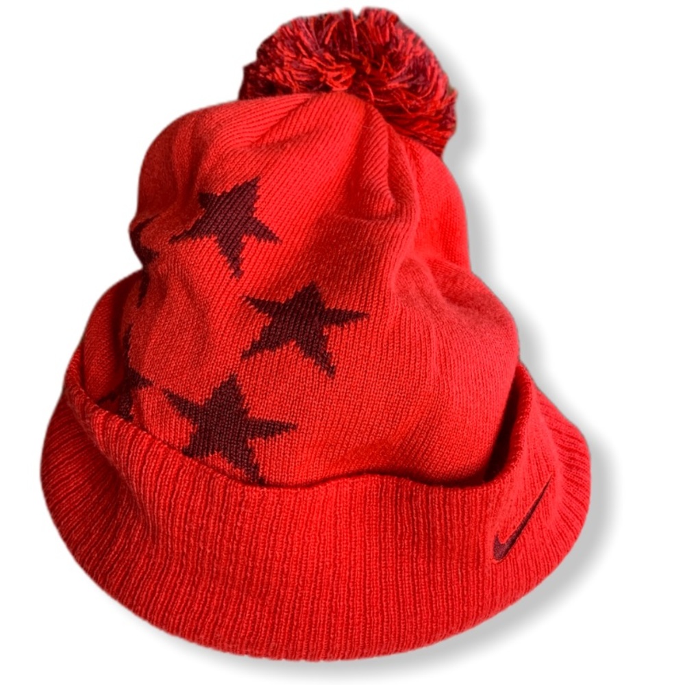 Nike red star knit hat with poof